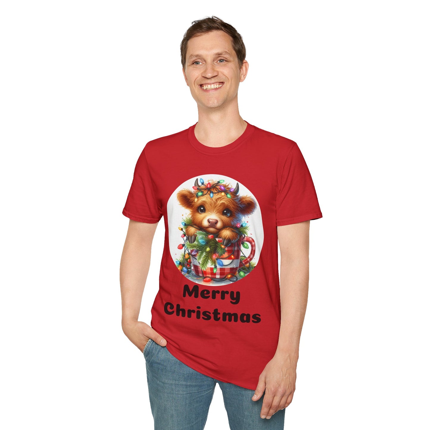 Cute Merry Christmas Cow Softstyle T-Shirt, Festive Holiday Tee, Holiday Gift Idea, Christmas Cow Graphic Tee