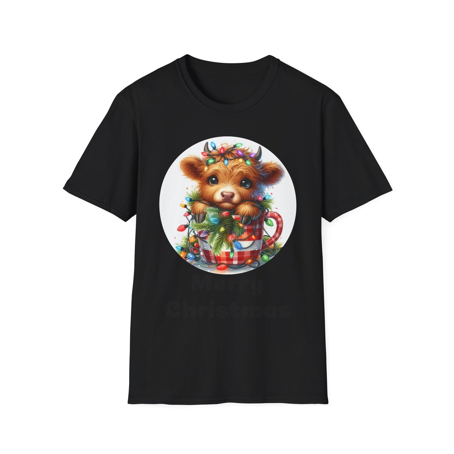 Cute Merry Christmas Cow Softstyle T-Shirt, Festive Holiday Tee, Holiday Gift Idea, Christmas Cow Graphic Tee