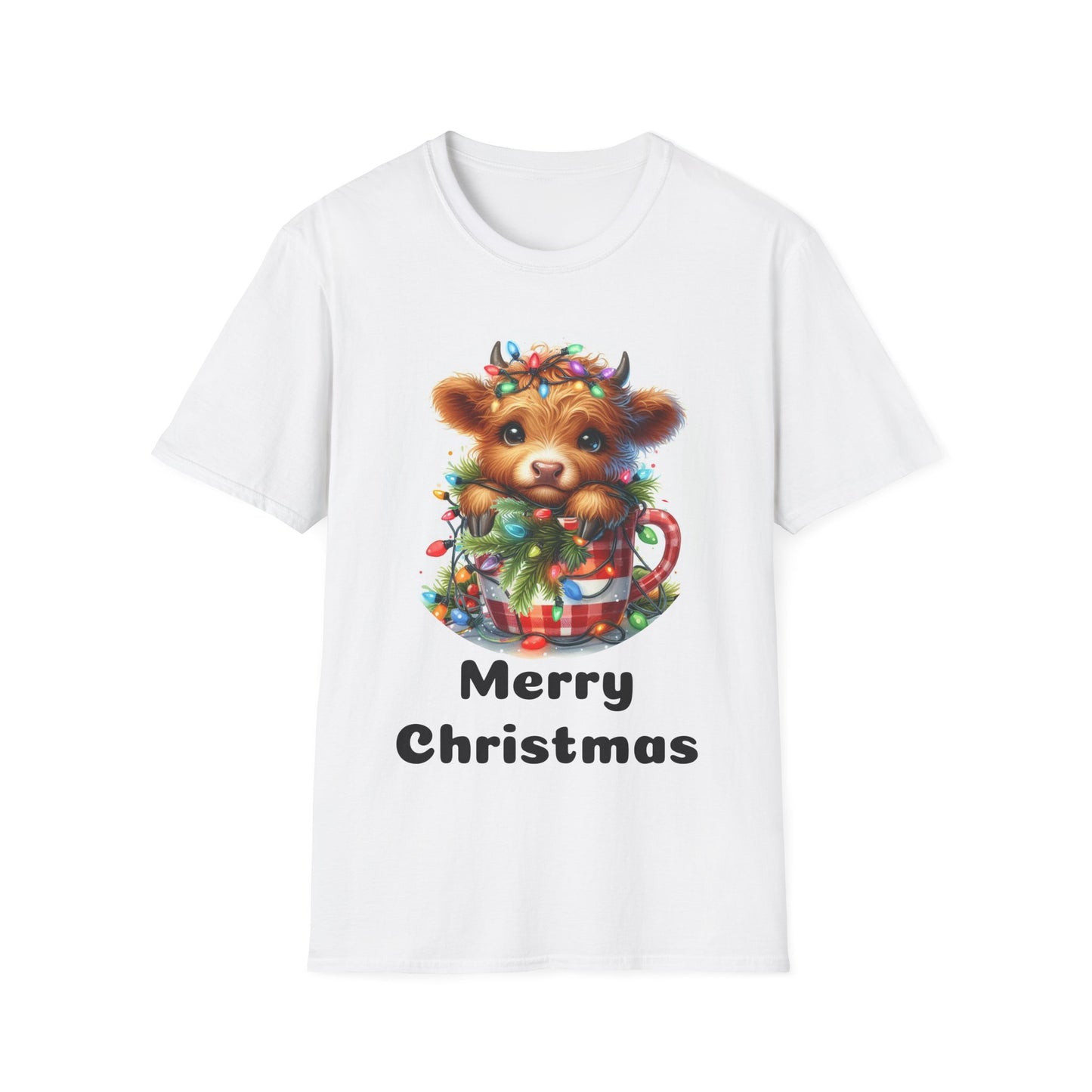 Cute Merry Christmas Cow Softstyle T-Shirt, Festive Holiday Tee, Holiday Gift Idea, Christmas Cow Graphic Tee