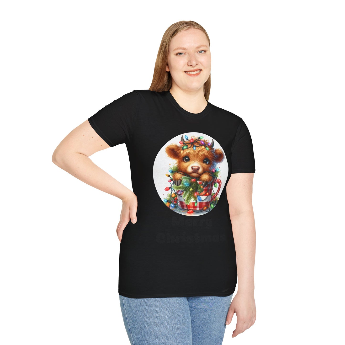 Cute Merry Christmas Cow Softstyle T-Shirt, Festive Holiday Tee, Holiday Gift Idea, Christmas Cow Graphic Tee