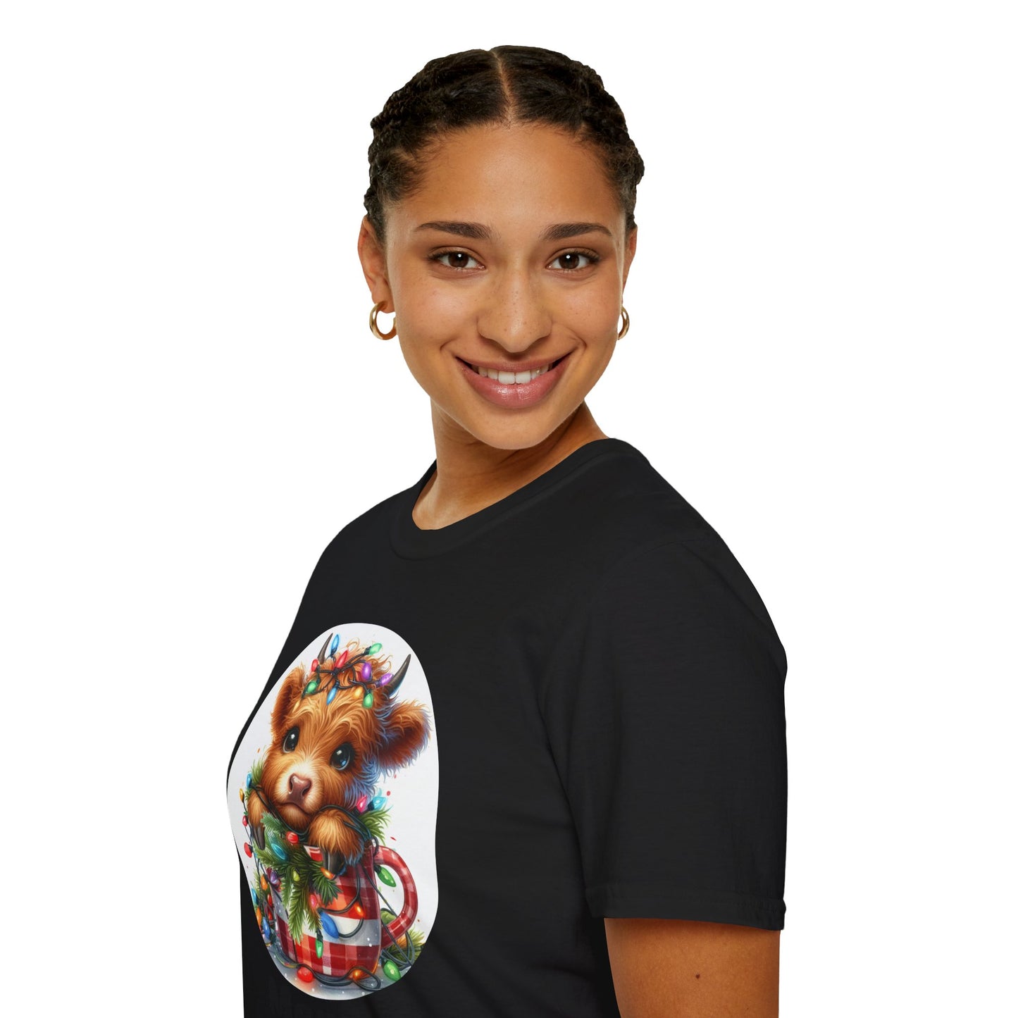 Cute Merry Christmas Cow Softstyle T-Shirt, Festive Holiday Tee, Holiday Gift Idea, Christmas Cow Graphic Tee