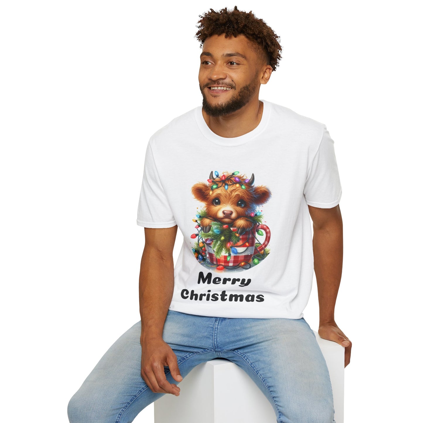 Cute Merry Christmas Cow Softstyle T-Shirt, Festive Holiday Tee, Holiday Gift Idea, Christmas Cow Graphic Tee