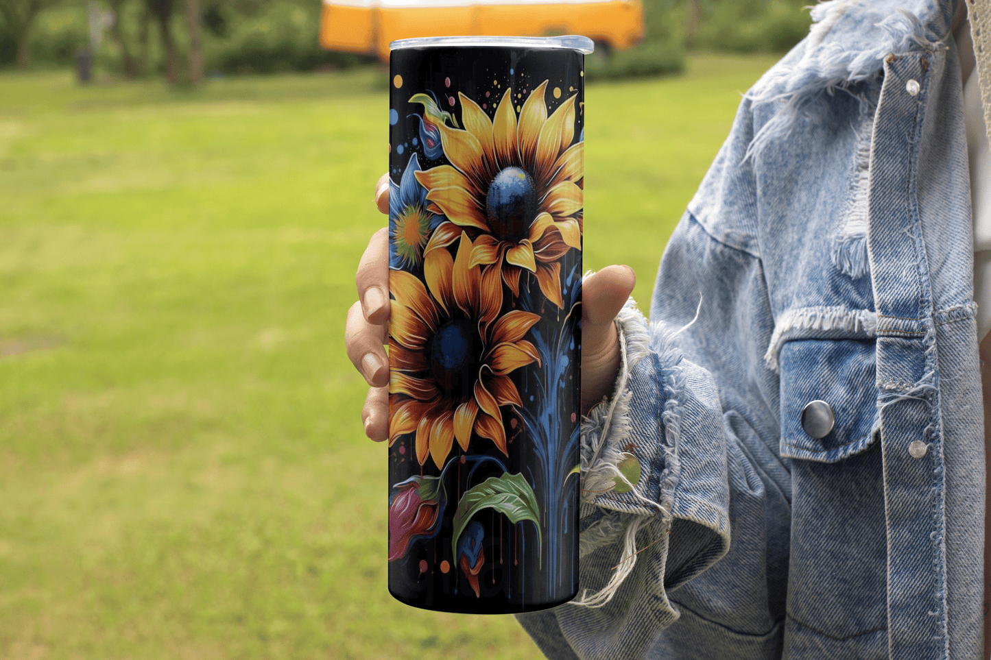 Radiant Sunflowers: A Burst of Color on Black - Sublimated 20oz Tumbler
