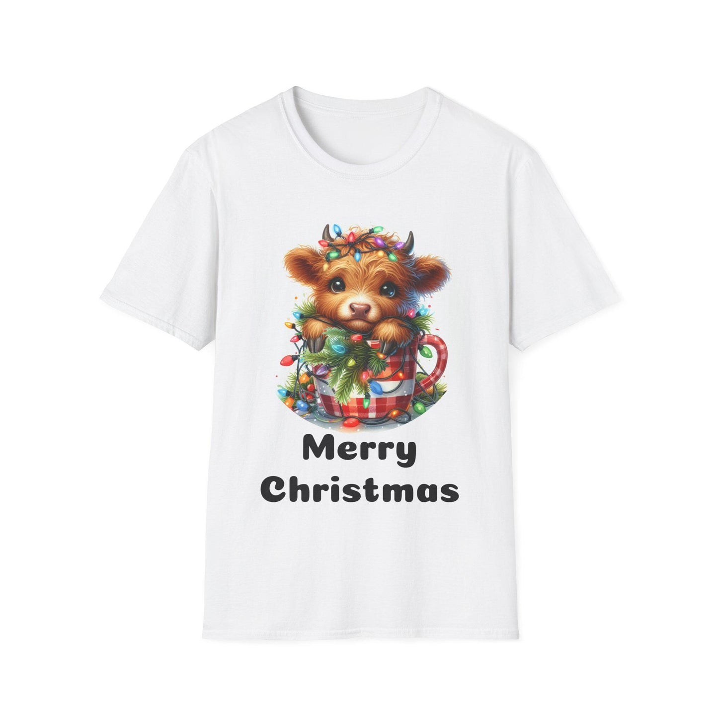 Cute Merry Christmas Cow Softstyle T-Shirt, Festive Holiday Tee, Holiday Gift Idea, Christmas Cow Graphic Tee
