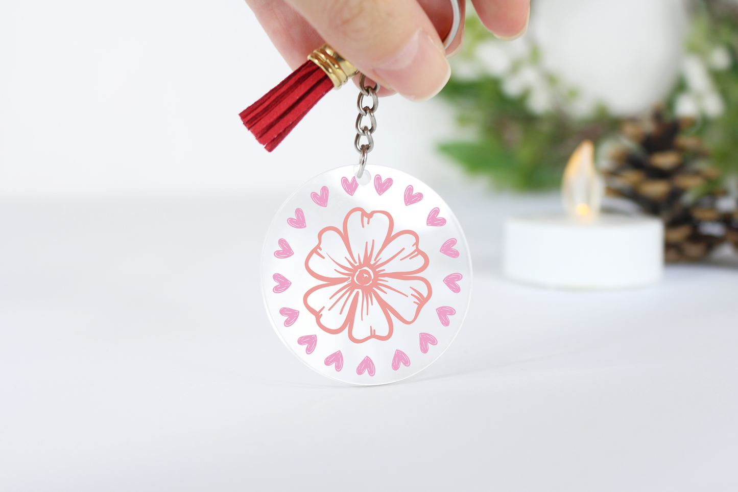 Mini Hearts with Flower Center Acrylic Keyring