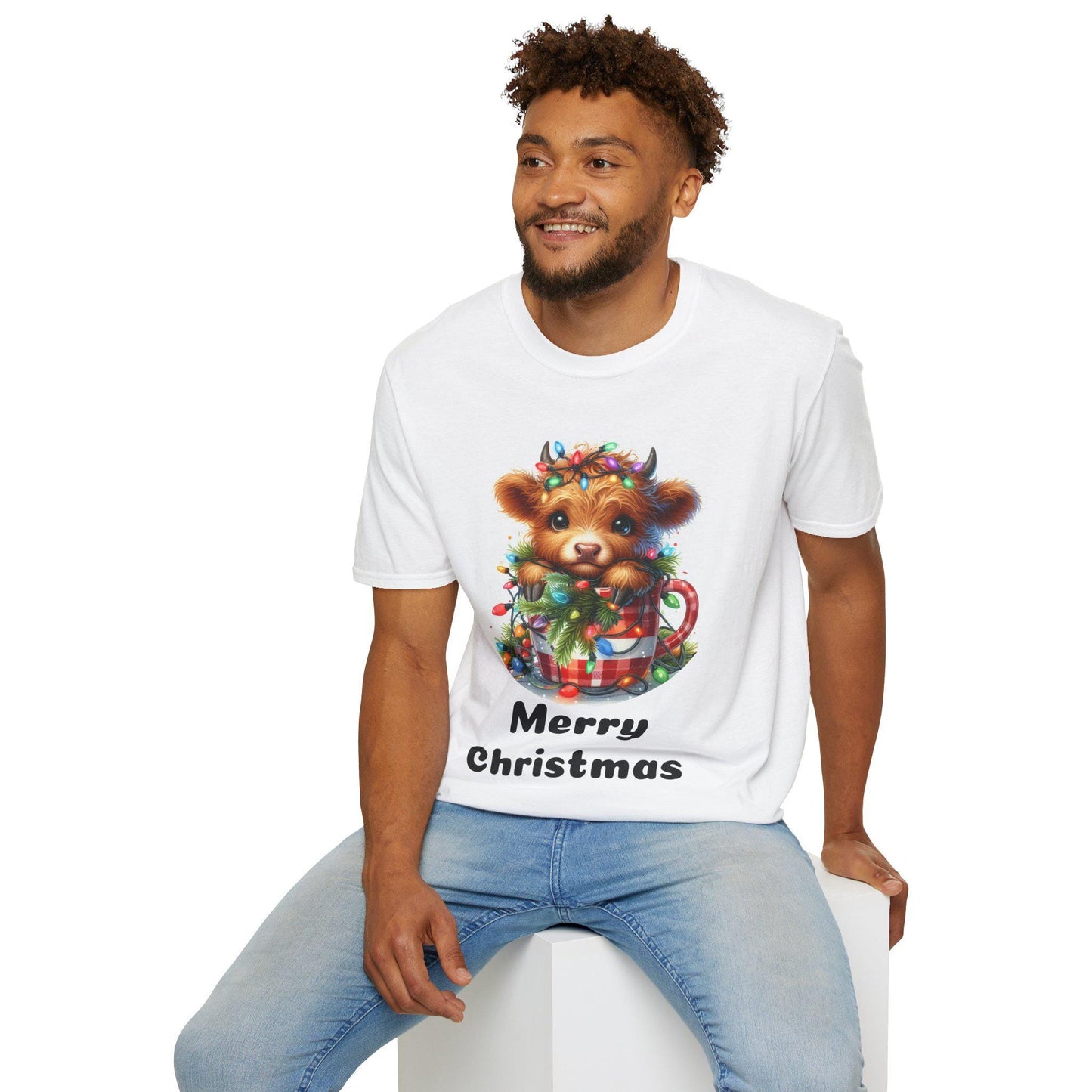 Cute Merry Christmas Cow Softstyle T-Shirt, Festive Holiday Tee, Holiday Gift Idea, Christmas Cow Graphic Tee