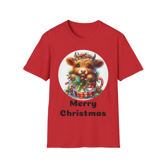 Cute Merry Christmas Cow Softstyle T-Shirt, Festive Holiday Tee, Holiday Gift Idea, Christmas Cow Graphic Tee