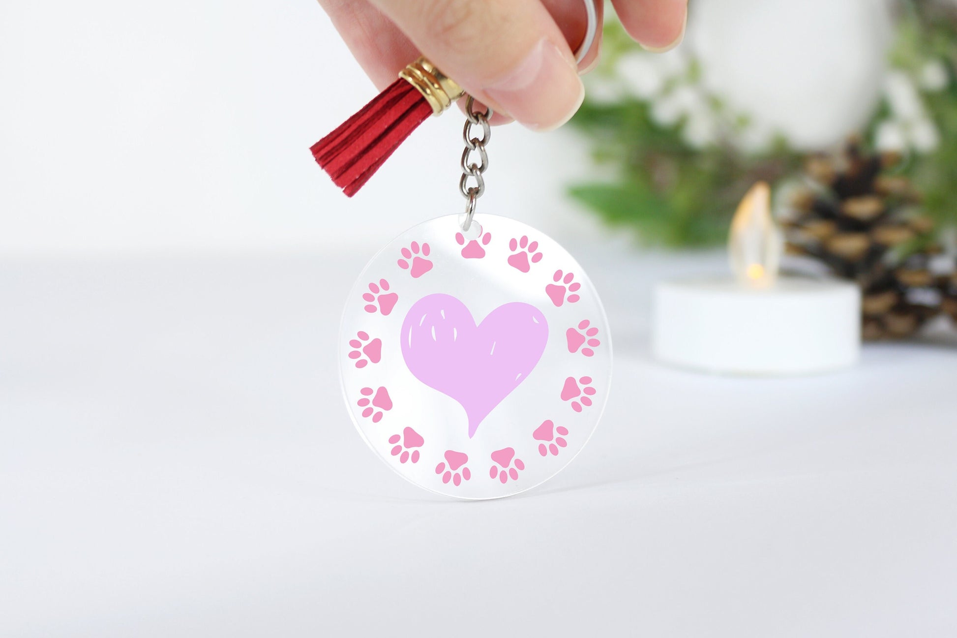 Mini Paws Circled around Heart Acrylic Keyrings, Gift Idea, Keychain, Bag Tag, Personalised Gift
